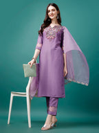 Embroidered Kurta With Pant & Premium Embroidered Organza Dupatta, Multicolor - Hiral Fashion | Grocsy