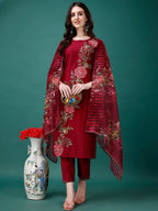 Hand Embroidered Kurta With Pant & Printed Premium Organza Dupatta Luxury, Multicolor - Hiral Fashion | Grocsy