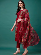 Hand Embroidered Kurta With Pant & Printed Premium Organza Dupatta Luxury, Multicolor - Hiral Fashion | Grocsy