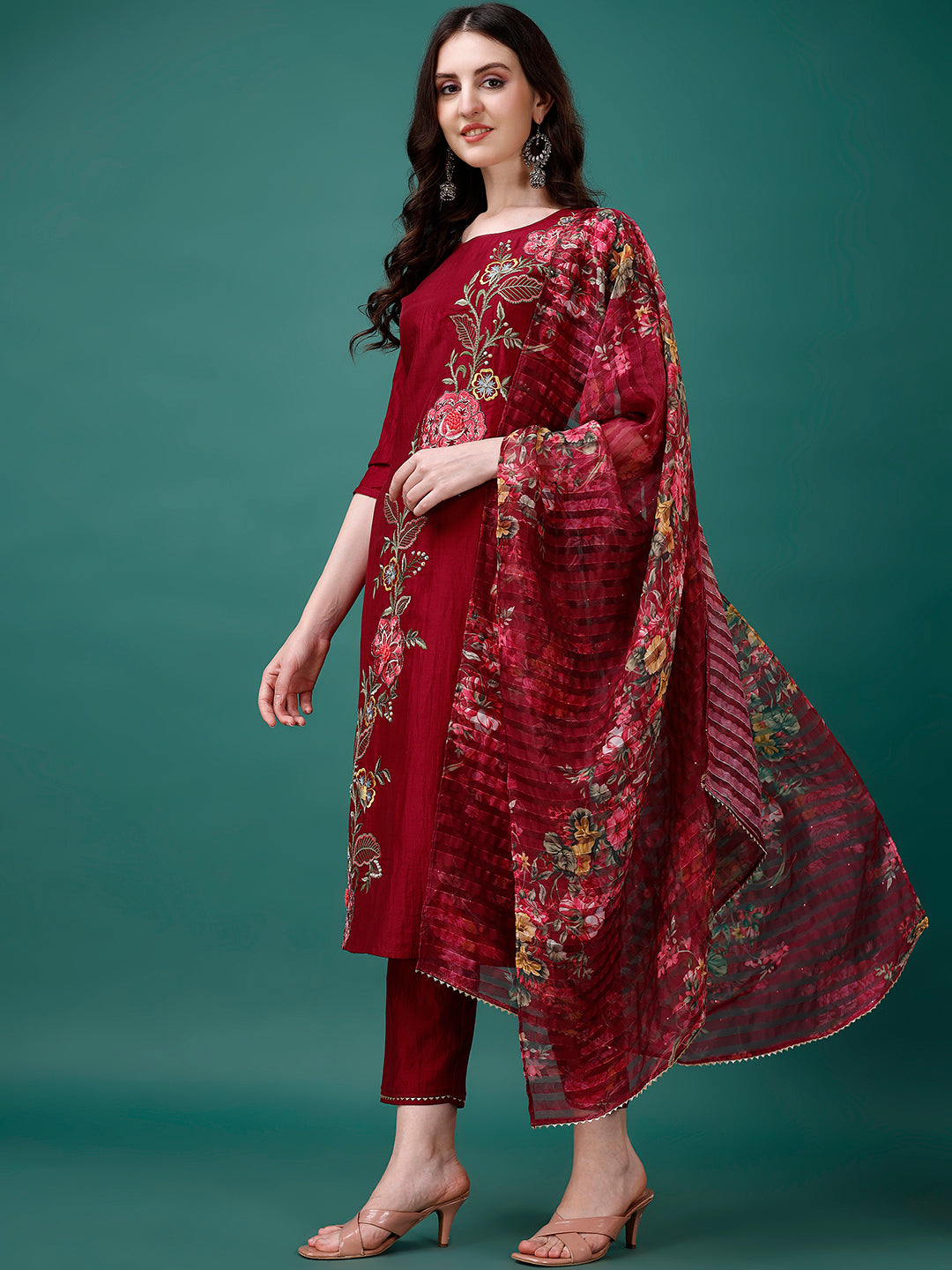 Hand Embroidered Kurta With Pant & Printed Premium Organza Dupatta Luxury, Multicolor - Hiral Fashion | Grocsy