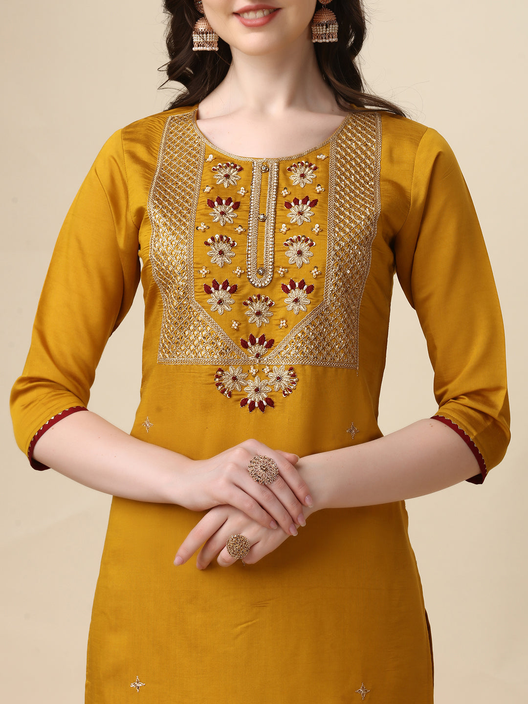 Hand Embroidered Kurta With Pant & Dupatta Set, Multicolor - Hiral Fashion | Grocsy