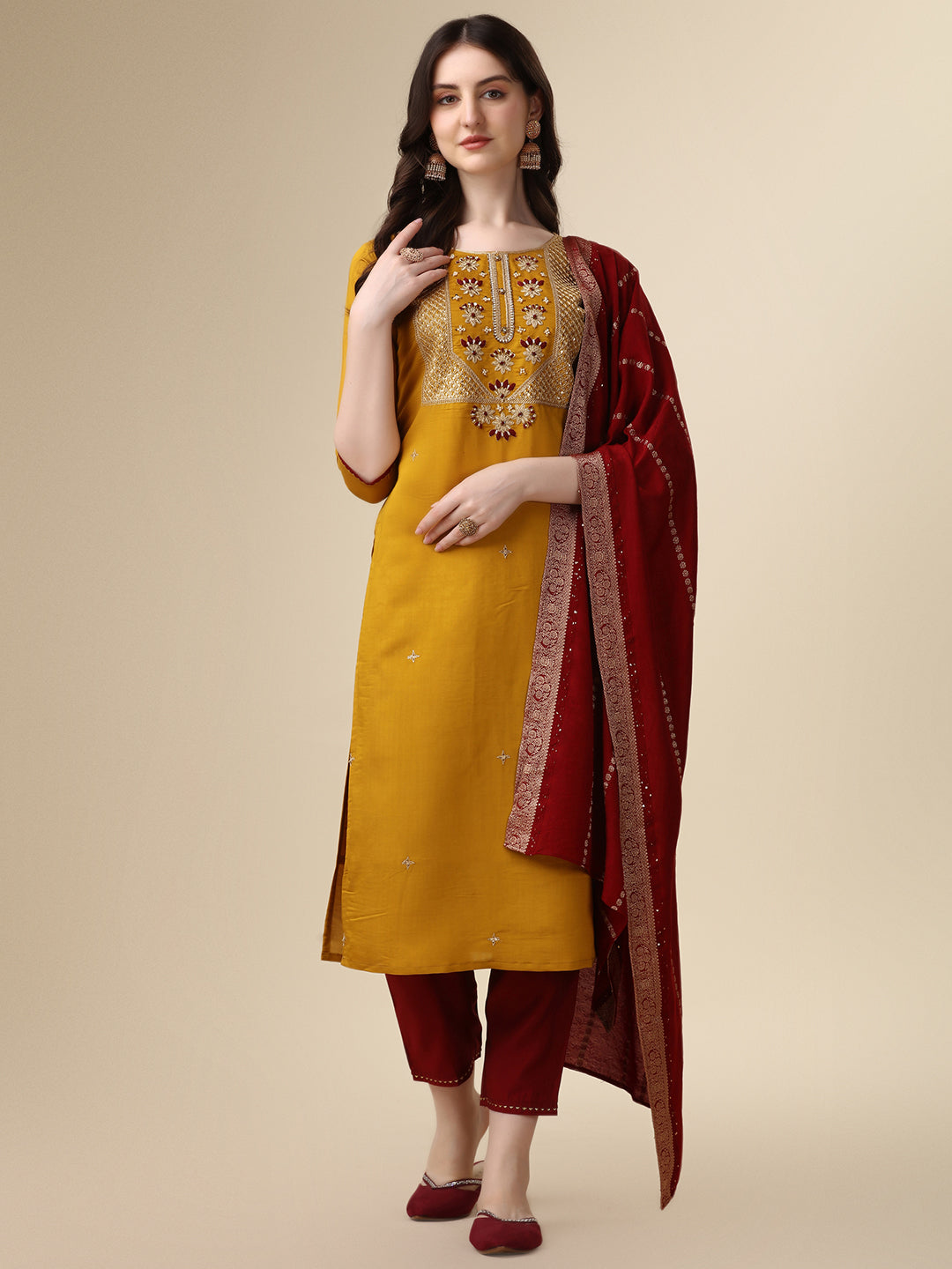 Hand Embroidered Kurta With Pant & Dupatta Set, Multicolor - Hiral Fashion | Grocsy