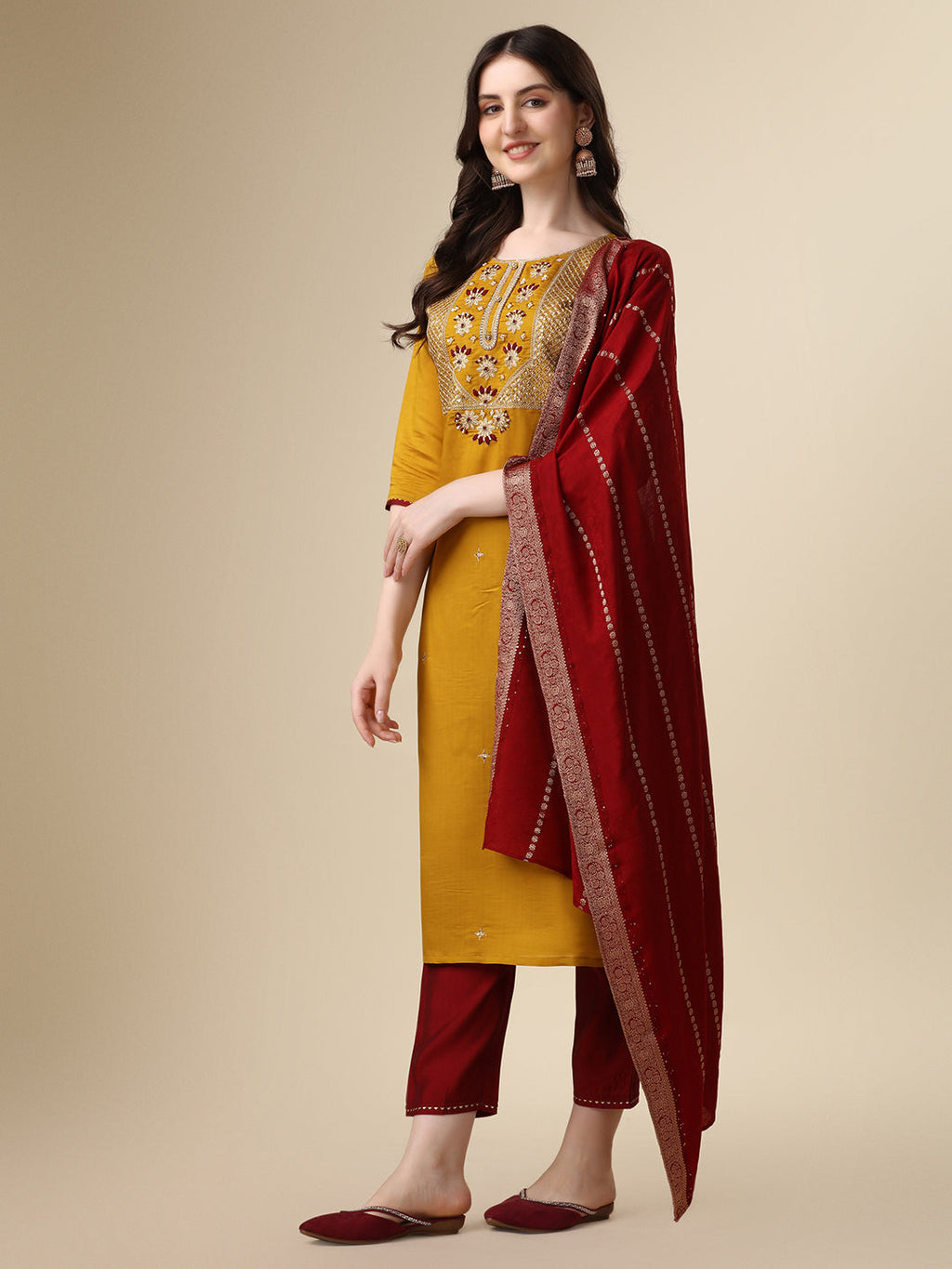 Hand Embroidered Kurta With Pant & Dupatta Set, Multicolor - Hiral Fashion | Grocsy