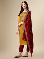 Hand Embroidered Kurta With Pant & Dupatta Set, Multicolor - Hiral Fashion | Grocsy