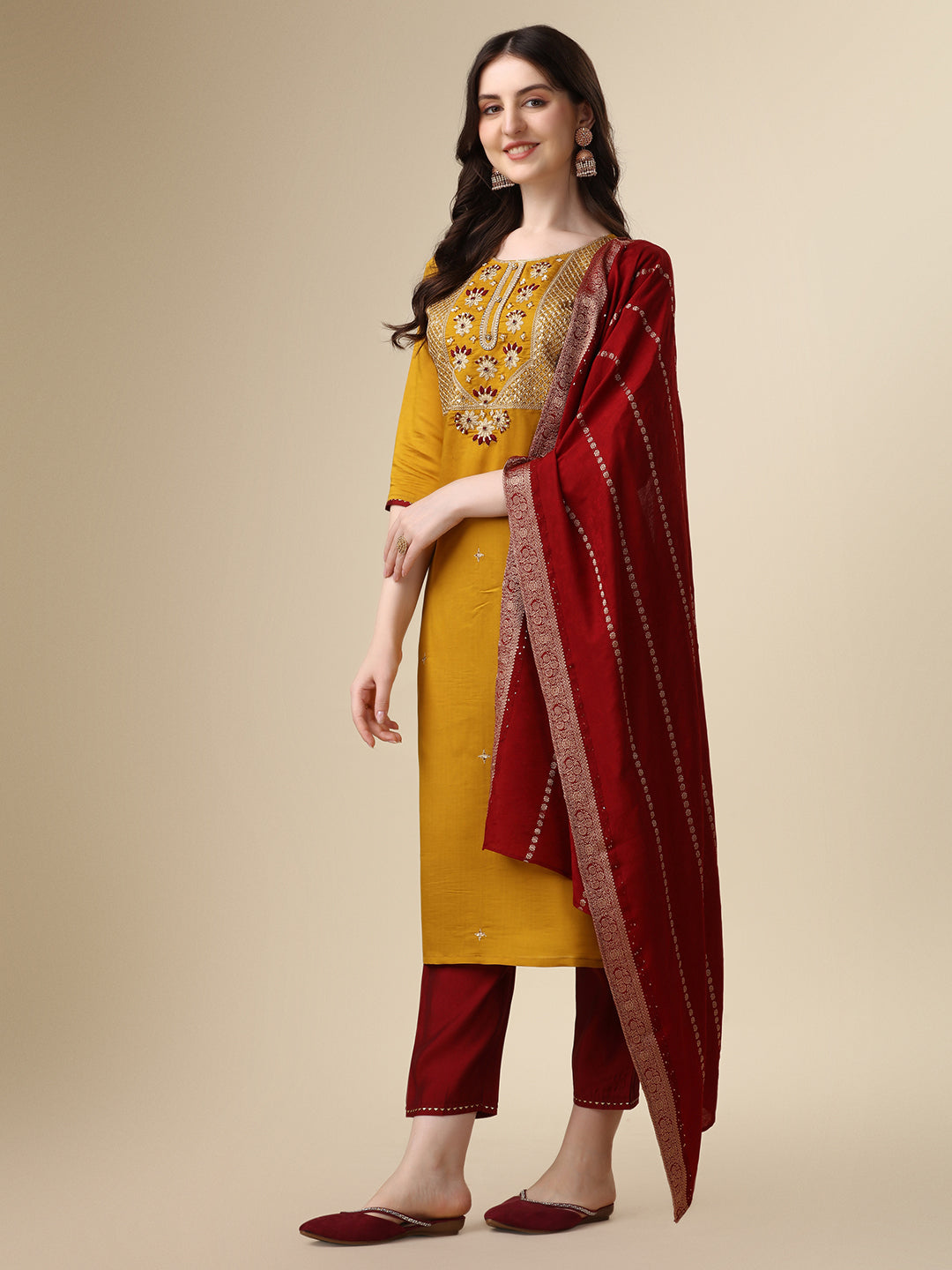 Hand Embroidered Kurta With Pant & Dupatta Set, Multicolor - Hiral Fashion | Grocsy