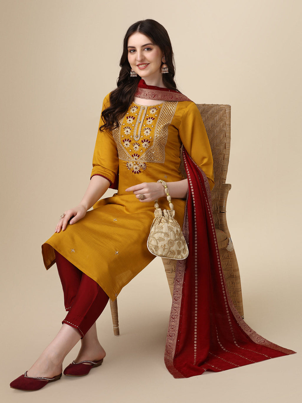 Hand Embroidered Kurta With Pant & Dupatta Set, Multicolor - Hiral Fashion | Grocsy