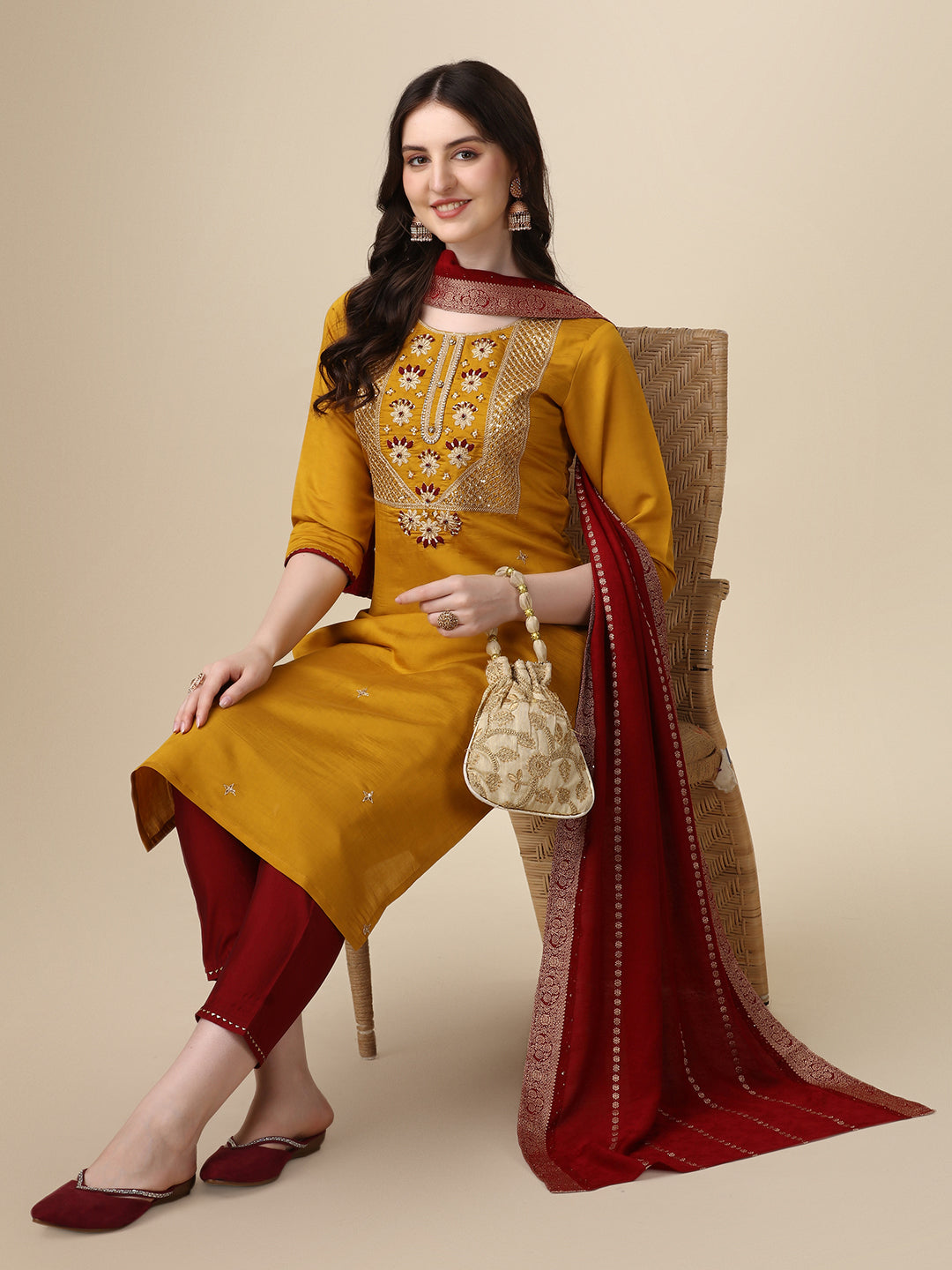 Hand Embroidered Kurta With Pant & Dupatta Set, Multicolor - Hiral Fashion | Grocsy