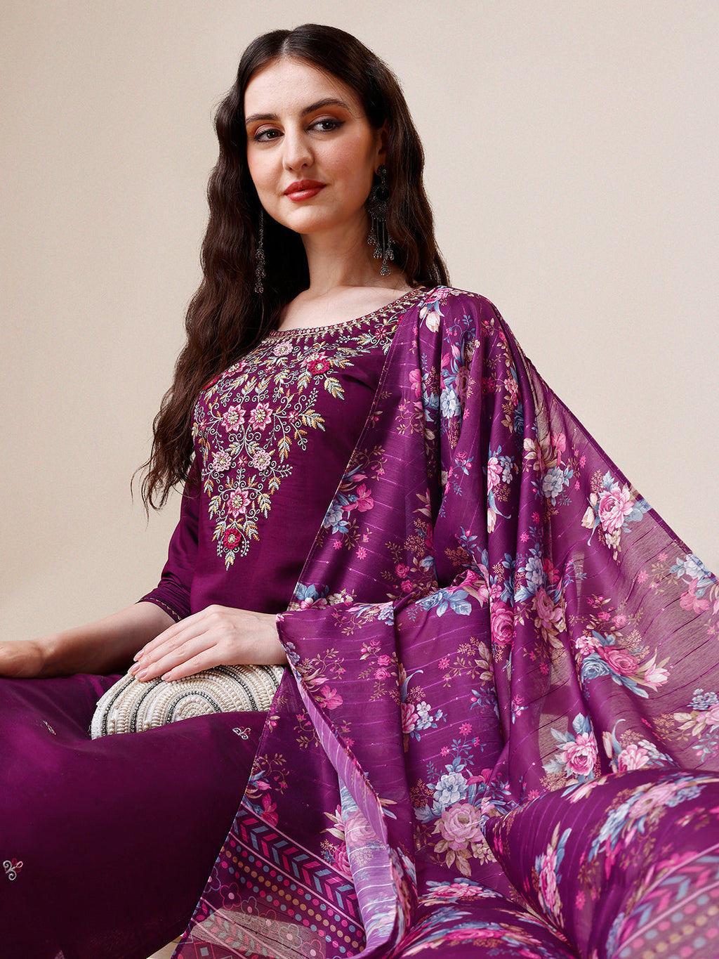 Purple Hand Embroidered Kurta With Pant & Printed Dupatta Set, Multicolor - Hiral Fashion | Grocsy