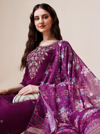 Purple Hand Embroidered Kurta With Pant & Printed Dupatta Set, Multicolor - Hiral Fashion | Grocsy