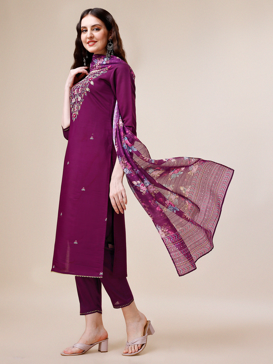 Purple Hand Embroidered Kurta With Pant & Printed Dupatta Set, Multicolor - Hiral Fashion | Grocsy
