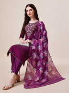 Purple Hand Embroidered Kurta With Pant & Printed Dupatta Set, Multicolor - Hiral Fashion | Grocsy