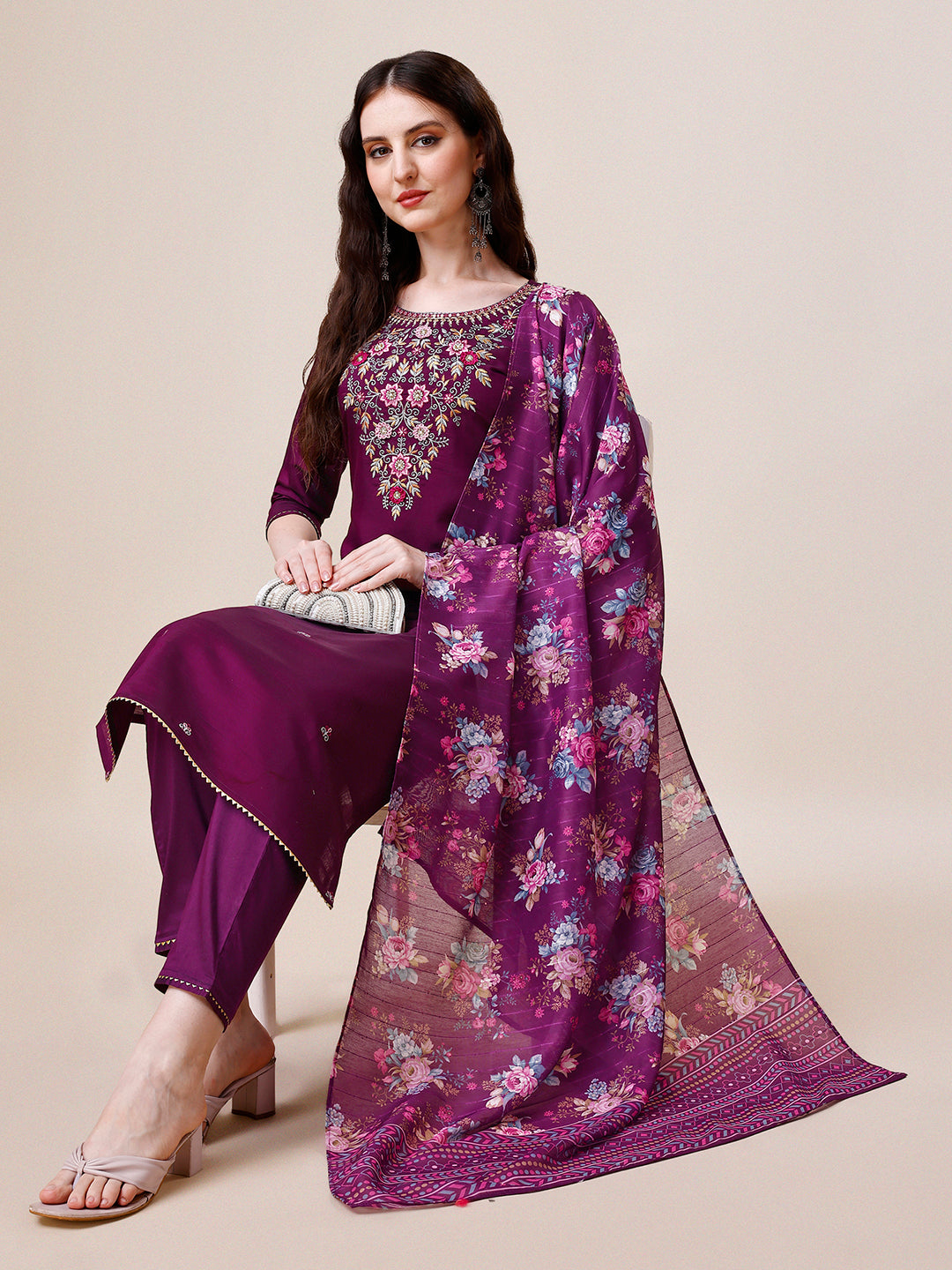 Purple Hand Embroidered Kurta With Pant & Printed Dupatta Set, Multicolor - Hiral Fashion | Grocsy