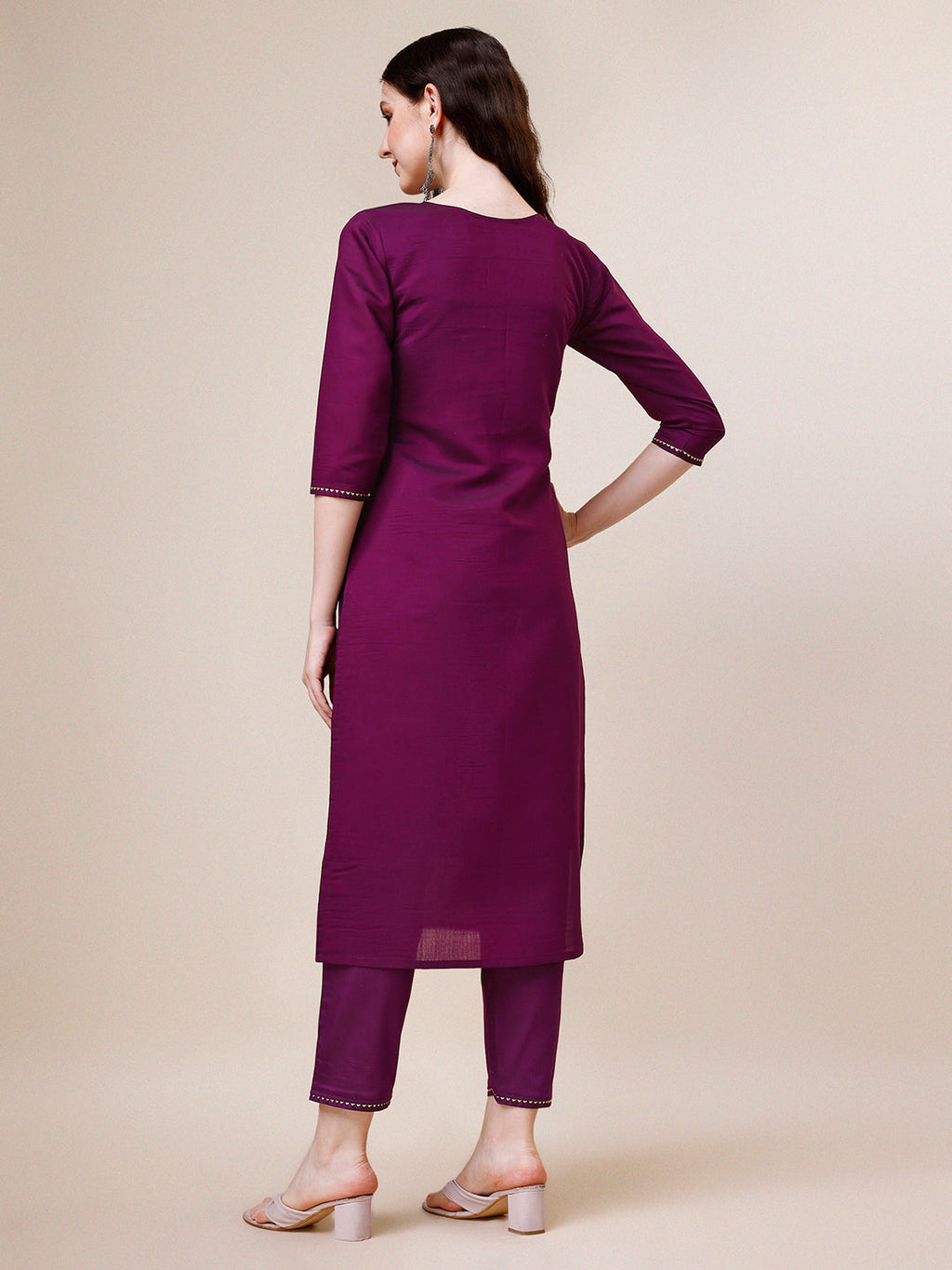 Purple Hand Embroidered Kurta With Pant & Printed Dupatta Set, Multicolor - Hiral Fashion | Grocsy