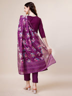 Purple Hand Embroidered Kurta With Pant & Printed Dupatta Set, Multicolor - Hiral Fashion | Grocsy