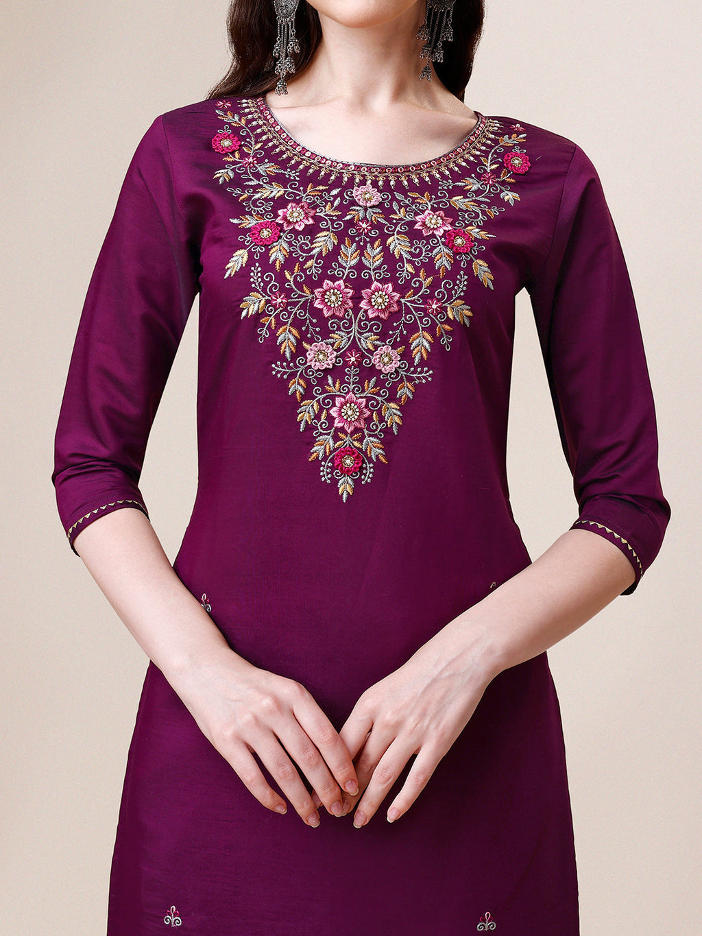 Purple Hand Embroidered Kurta With Pant & Printed Dupatta Set, Multicolor - Hiral Fashion | Grocsy