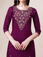 Purple Hand Embroidered Kurta With Pant & Printed Dupatta Set, Multicolor - Hiral Fashion | Grocsy