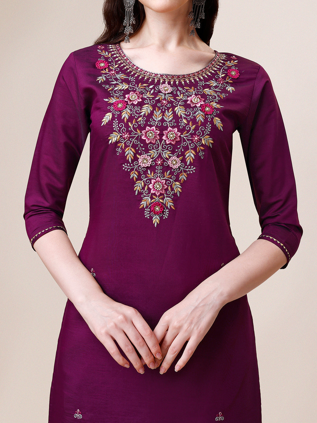 Purple Hand Embroidered Kurta With Pant & Printed Dupatta Set, Multicolor - Hiral Fashion | Grocsy