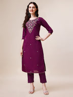 Purple Hand Embroidered Kurta With Pant & Printed Dupatta Set, Multicolor - Hiral Fashion | Grocsy