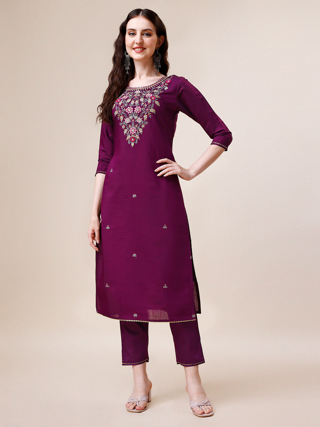 Purple Hand Embroidered Kurta With Pant & Printed Dupatta Set, Multicolor - Hiral Fashion | Grocsy