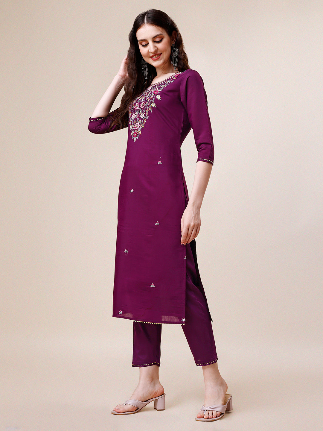 Purple Hand Embroidered Kurta With Pant & Printed Dupatta Set, Multicolor - Hiral Fashion | Grocsy