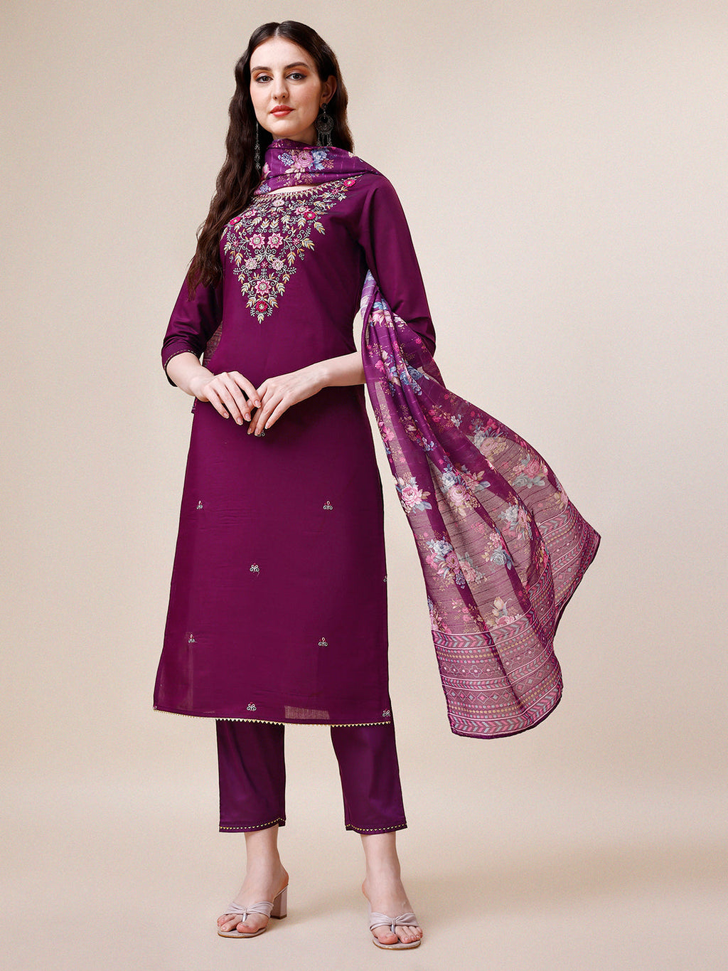 Purple Hand Embroidered Kurta With Pant & Printed Dupatta Set, Multicolor - Hiral Fashion | Grocsy