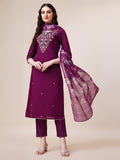 Purple Hand Embroidered Kurta With Pant & Printed Dupatta Set, Multicolor - Hiral Fashion | Grocsy