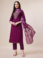 Purple Hand Embroidered Kurta With Pant & Printed Dupatta Set, Multicolor - Hiral Fashion | Grocsy
