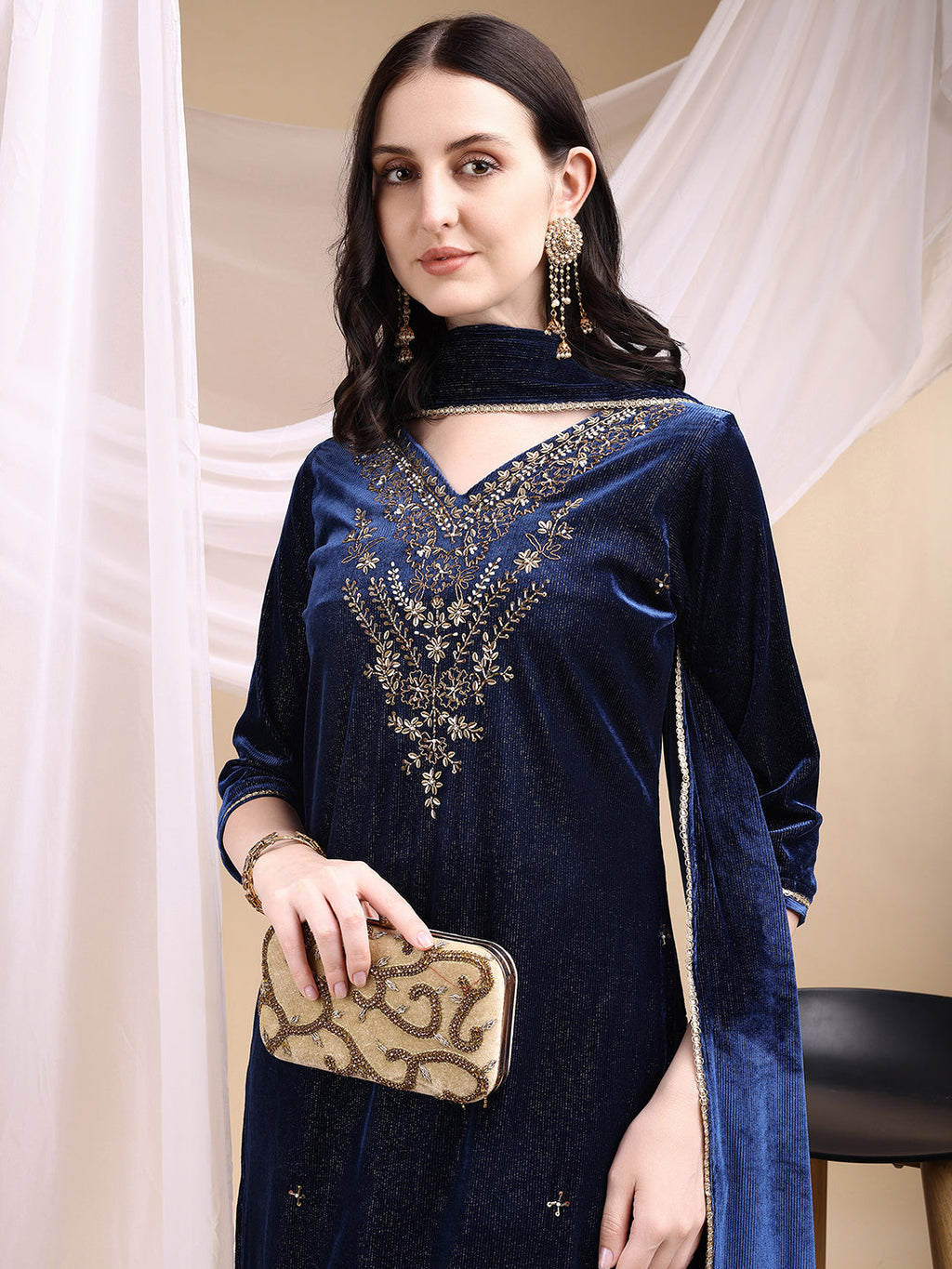 Hand Embroidered Kurta With Pant & Dupatta, Navy Blue - Hiral Fashion | Grocsy