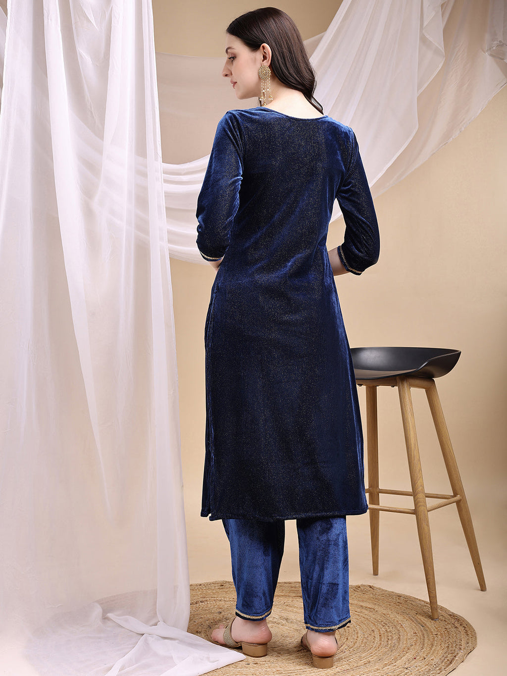 Hand Embroidered Kurta With Pant & Dupatta, Navy Blue - Hiral Fashion | Grocsy