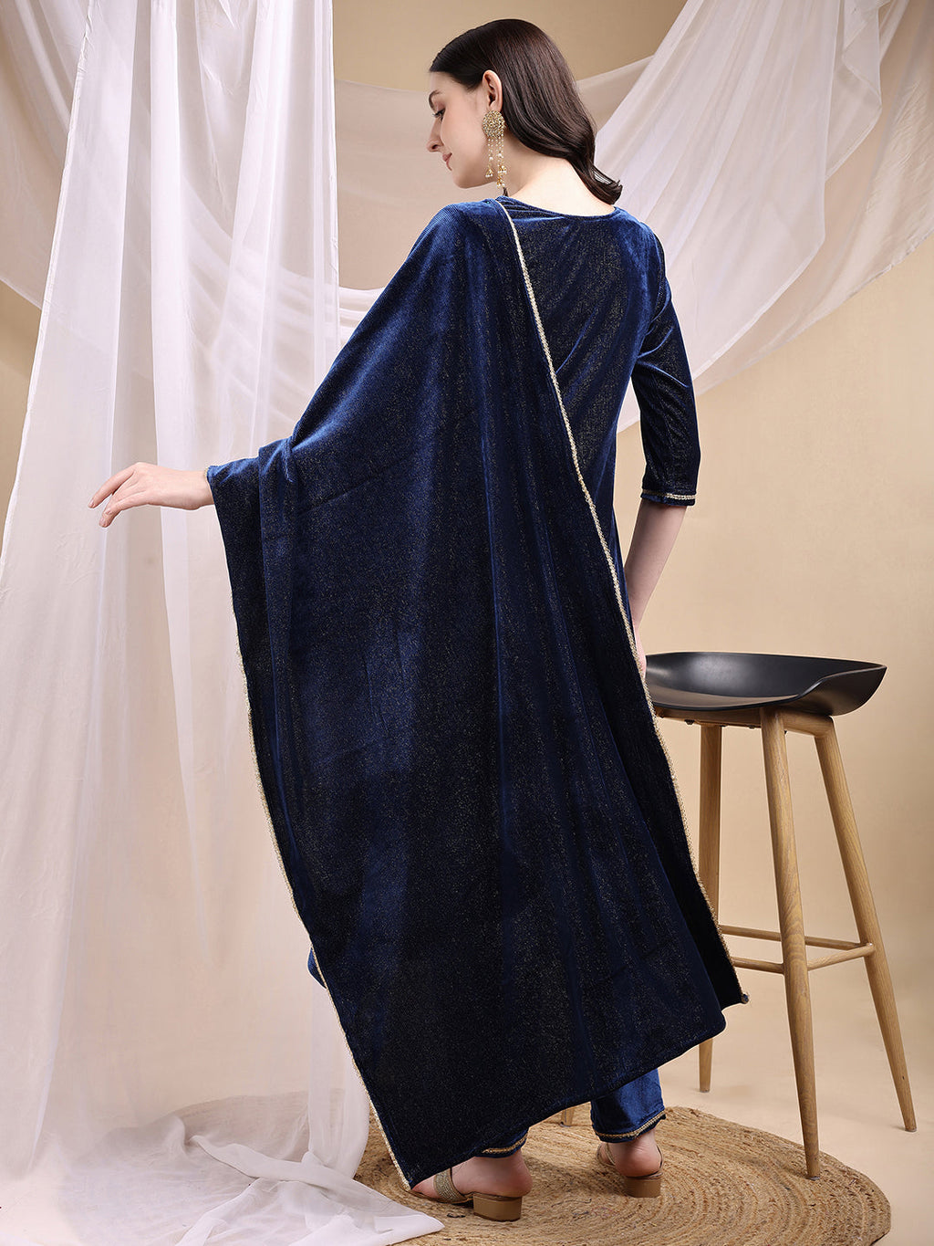 Hand Embroidered Kurta With Pant & Dupatta, Navy Blue - Hiral Fashion | Grocsy