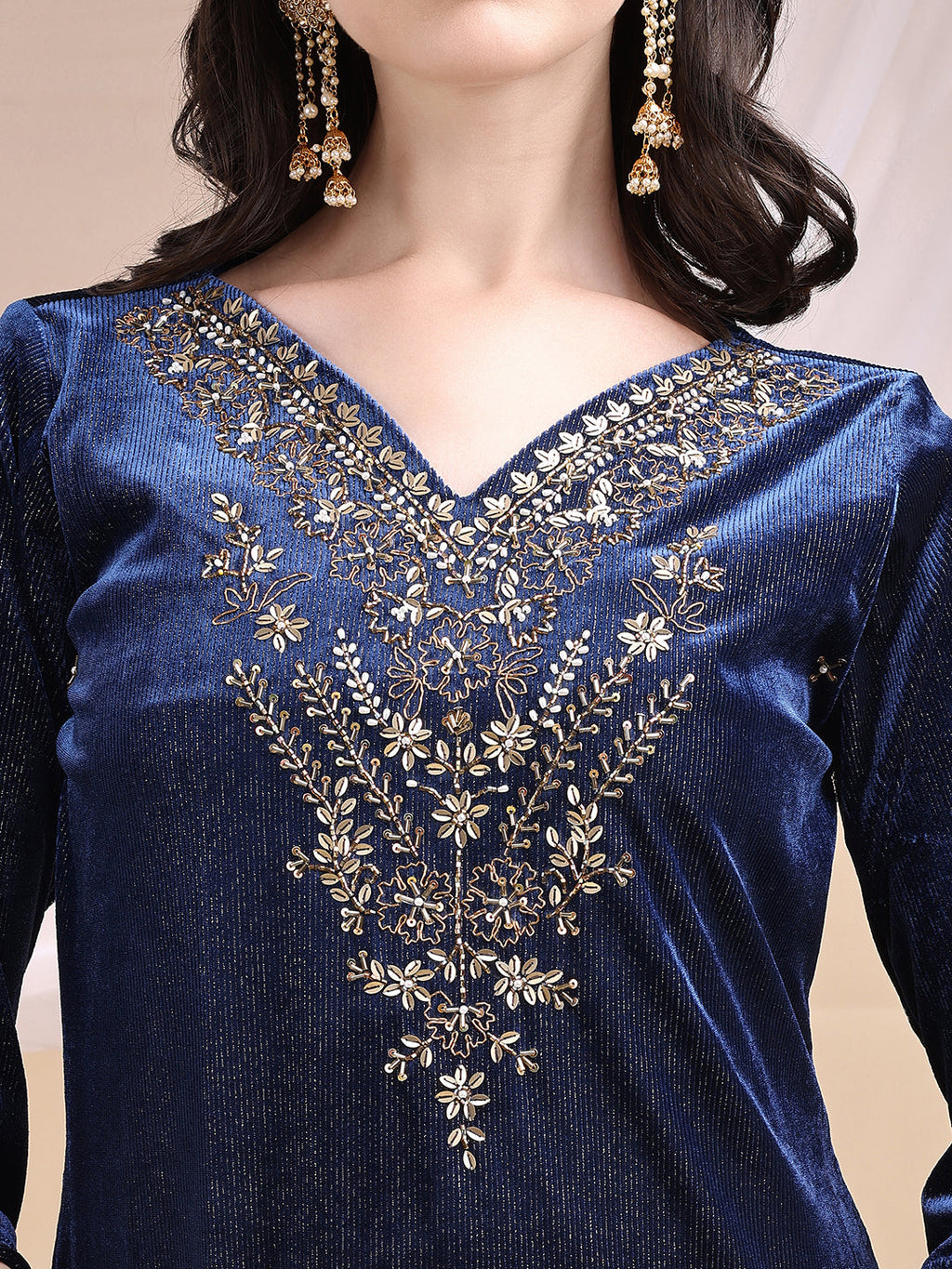 Hand Embroidered Kurta With Pant & Dupatta, Navy Blue - Hiral Fashion | Grocsy