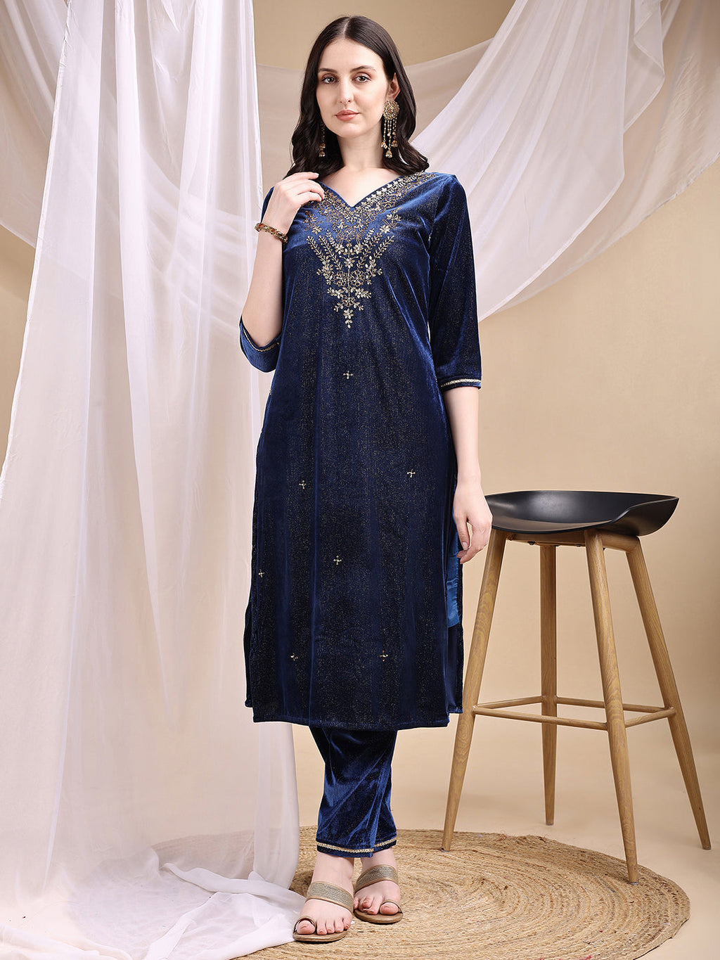 Hand Embroidered Kurta With Pant & Dupatta, Navy Blue - Hiral Fashion | Grocsy