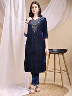 Hand Embroidered Kurta With Pant & Dupatta, Navy Blue - Hiral Fashion | Grocsy