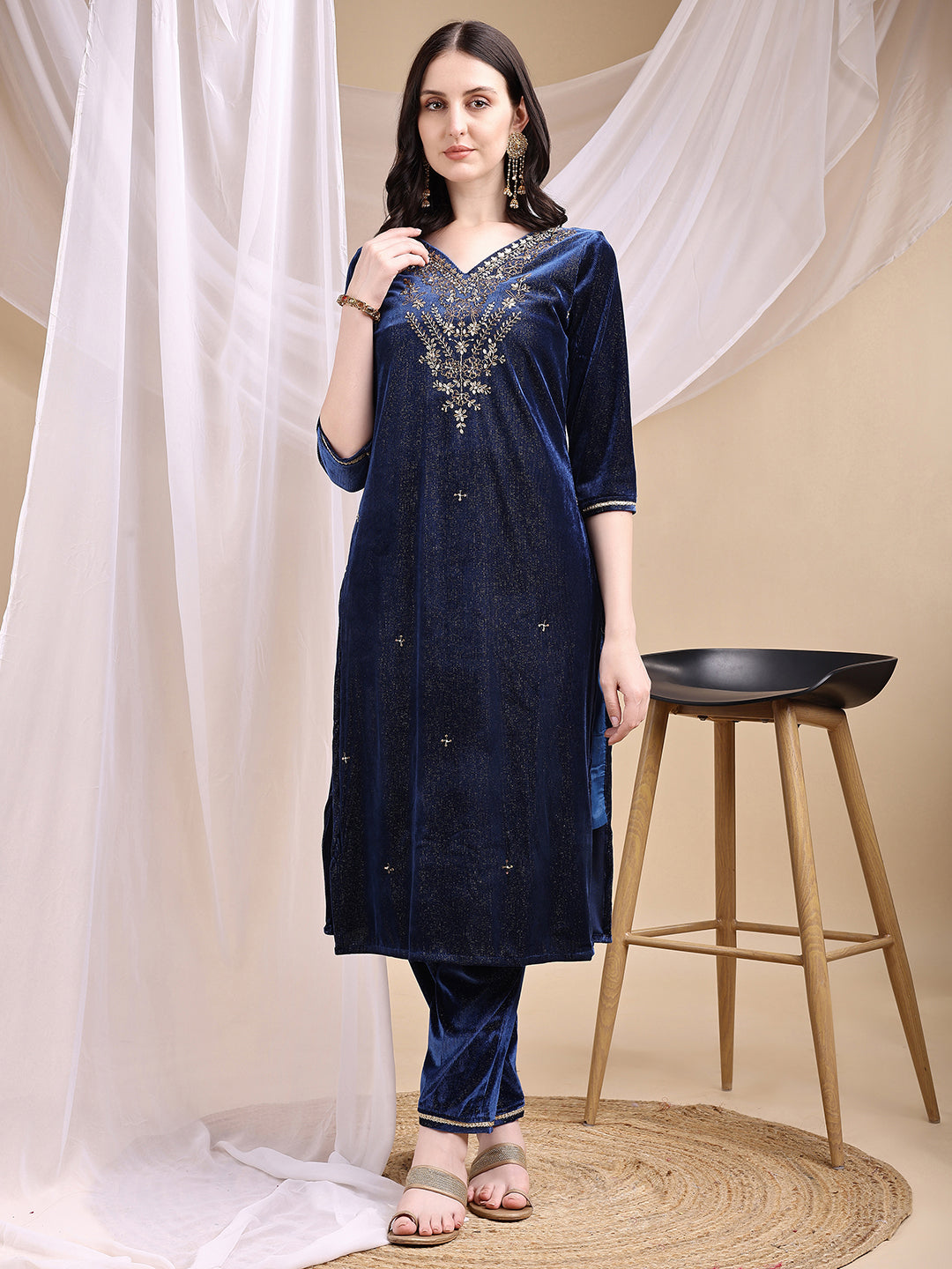 Hand Embroidered Kurta With Pant & Dupatta, Navy Blue - Hiral Fashion | Grocsy