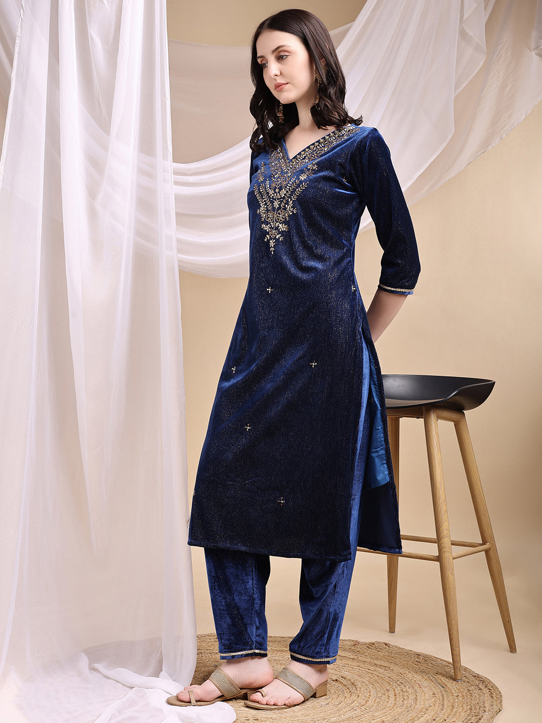 Hand Embroidered Kurta With Pant & Dupatta, Navy Blue - Hiral Fashion | Grocsy