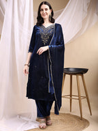 Hand Embroidered Kurta With Pant & Dupatta, Navy Blue - Hiral Fashion | Grocsy