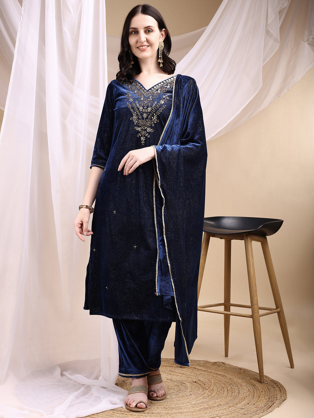 Hand Embroidered Kurta With Pant & Dupatta, Navy Blue - Hiral Fashion | Grocsy