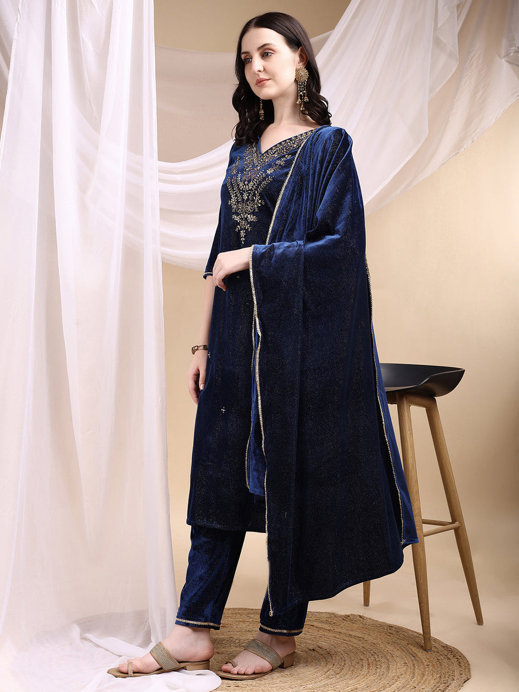 Hand Embroidered Kurta With Pant & Dupatta, Navy Blue - Hiral Fashion | Grocsy