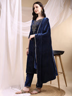 Hand Embroidered Kurta With Pant & Dupatta, Navy Blue - Hiral Fashion | Grocsy
