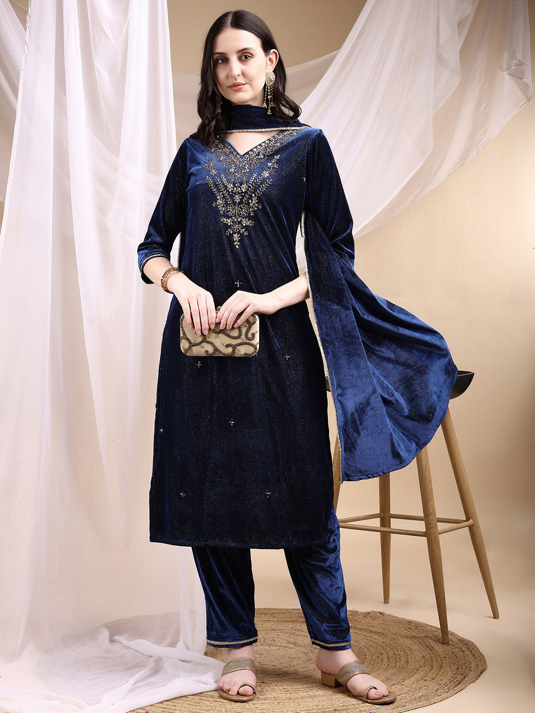Hand Embroidered Kurta With Pant & Dupatta, Navy Blue - Hiral Fashion | Grocsy