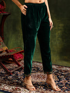 Embroidered Velvet Kurta With Pant & Dupatta, Green - Hiral Fashion | Grocsy