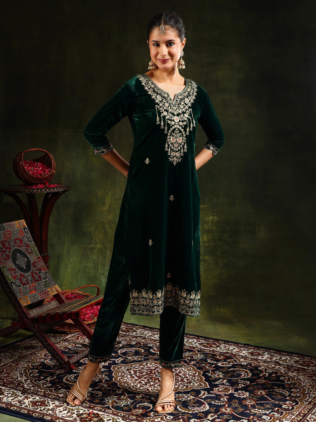 Embroidered Velvet Kurta With Pant & Dupatta, Green - Hiral Fashion | Grocsy