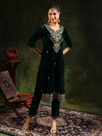 Embroidered Velvet Kurta With Pant & Dupatta, Green - Hiral Fashion | Grocsy