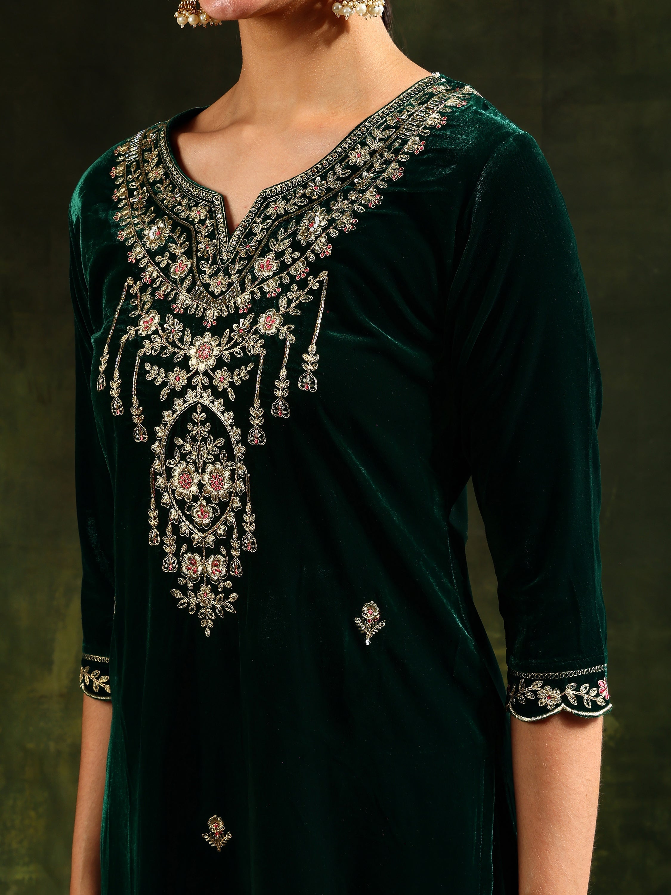 Embroidered Velvet Kurta With Pant & Dupatta, Green - Hiral Fashion | Grocsy