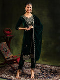 Embroidered Velvet Kurta With Pant & Dupatta, Green - Hiral Fashion | Grocsy