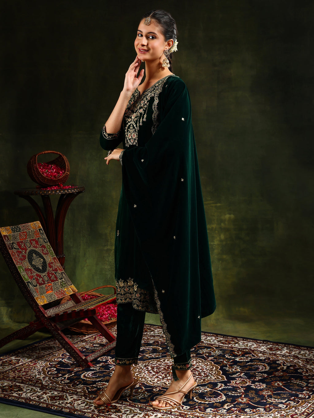 Embroidered Velvet Kurta With Pant & Dupatta, Green - Hiral Fashion | Grocsy