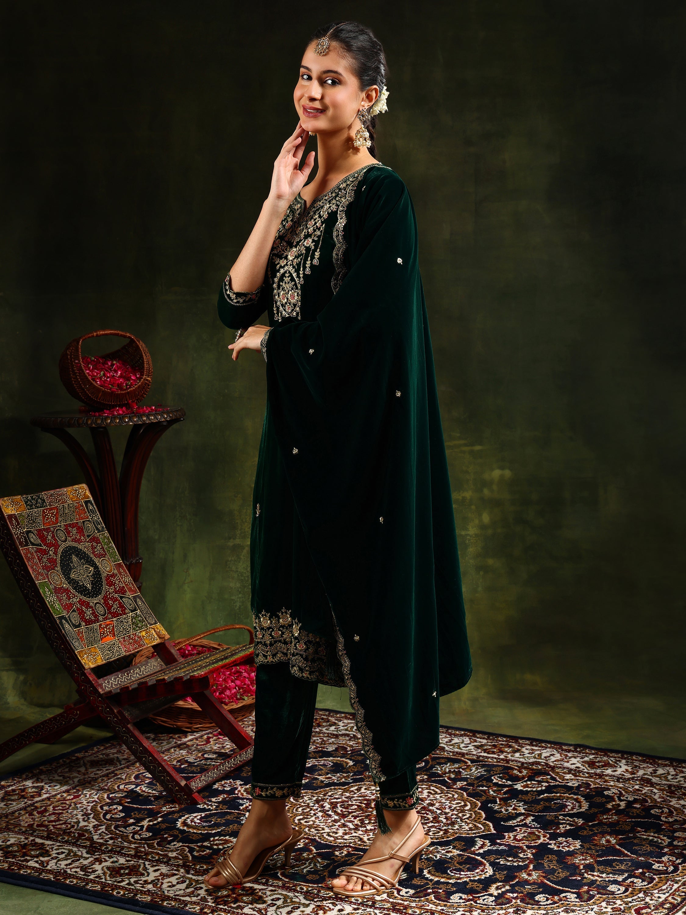 Embroidered Velvet Kurta With Pant & Dupatta, Green - Hiral Fashion | Grocsy