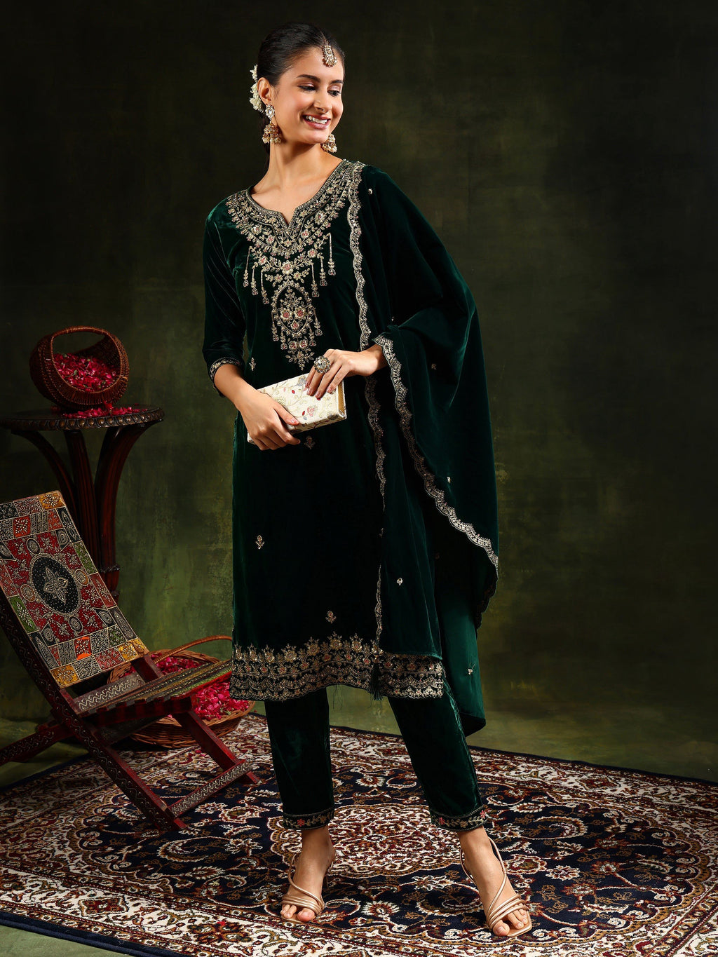 Embroidered Velvet Kurta With Pant & Dupatta, Green - Hiral Fashion | Grocsy