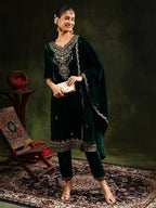 Embroidered Velvet Kurta With Pant & Dupatta, Green - Hiral Fashion | Grocsy
