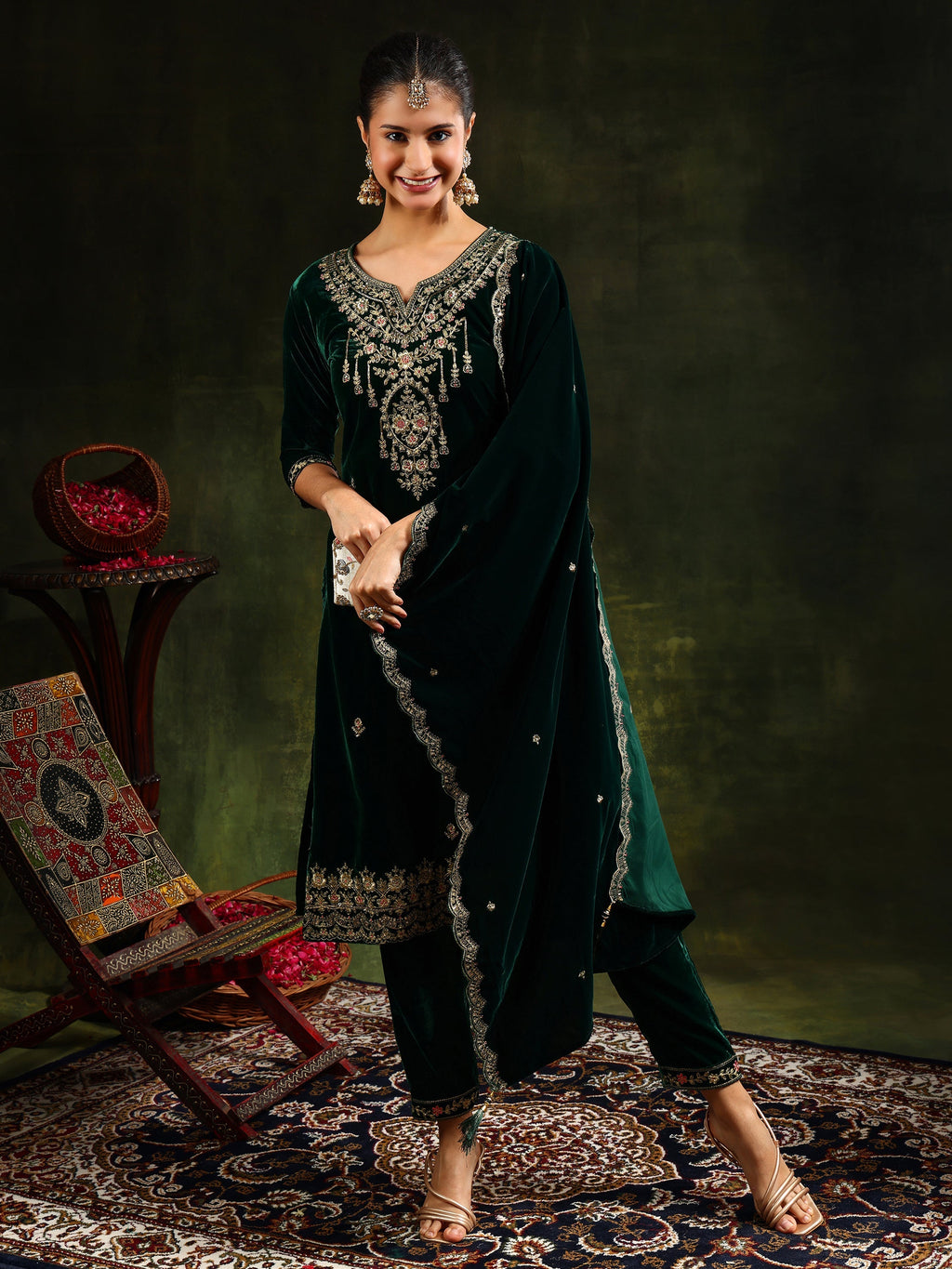 Embroidered Velvet Kurta With Pant & Dupatta, Green - Hiral Fashion | Grocsy